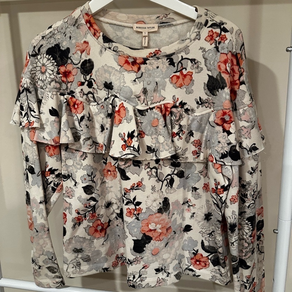 Rebecca Taylor Floral Ruffle Blouse - Cream and Red orange